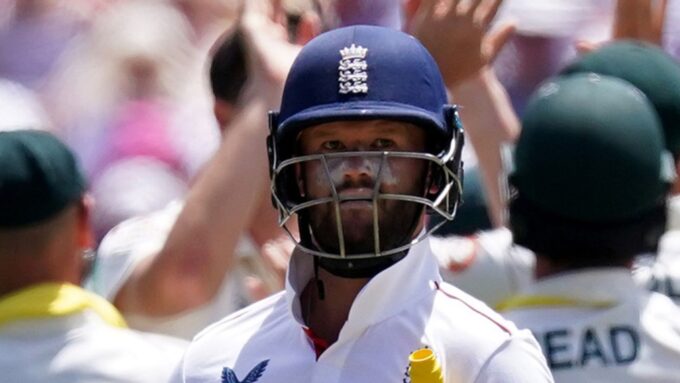 England's batsmen struggling on a bouncy pitch.