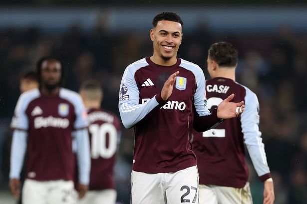 Morgan Rogers celebrating his goal against Manchester United.