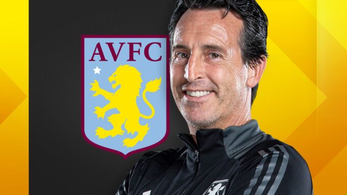 Aston Villa team in action, with Unai Emery on the sidelines.