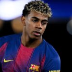 Lamine Yamal of FC Barcelona looks on during the LaLiga EA Sports match.