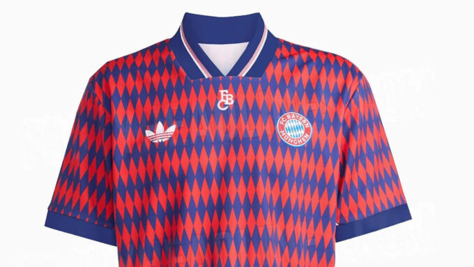 Bayern Munich retro-inspired jersey with red-and-blue diamond pattern and Adidas Trefoil logo.