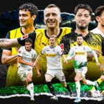 Players in action on the pitch, with the Borussia Dortmund and Borussia Mönchengladbach logos in the background.