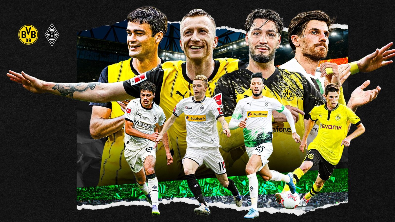 Players in action on the pitch, with the Borussia Dortmund and Borussia Mönchengladbach logos in the background.