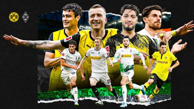 Players in action on the pitch, with the Borussia Dortmund and Borussia Mönchengladbach logos in the background.