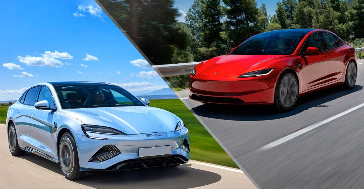 Logo de BYD dominant un logo de Tesla, symbolisant le changement de leadership sur le marché des véhicules électriques.