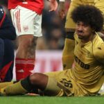 Chris Richards being stretchered off the field during the Carabao Cup quarterfinal match against Arsenal.