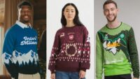 Alt text for the image: "Football fans wearing festive sweaters"