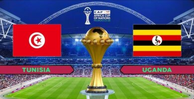 ** صورة لمباراة كرة قدم بين فريقين يتنافسان في كأس الأمم الإفريقية، مع جماهير الفريقين تفرح أو تألم بفوز أو خسارة الفريق.