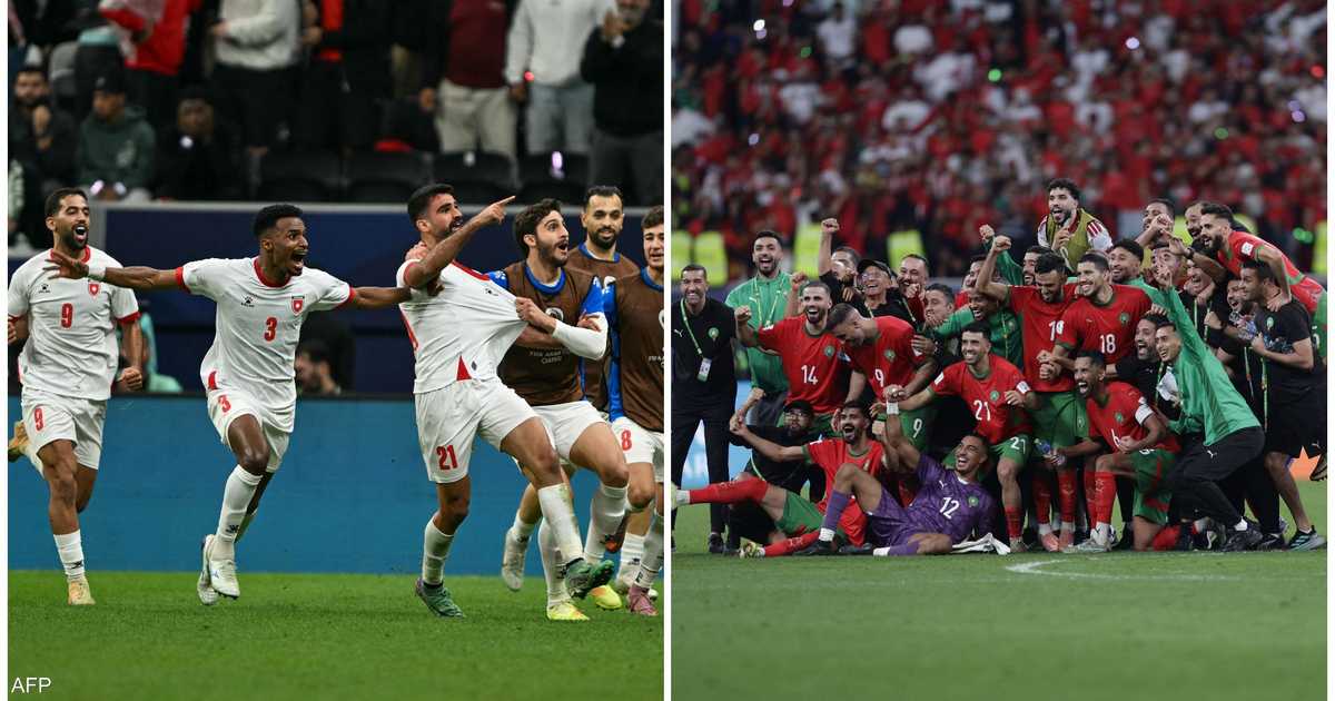 ** صورة للاعبين من منتخب الأردن ومنتخب المغرب خلال مباراة في بطولة كأس العرب.