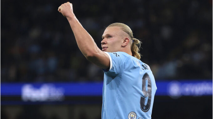 Erling Haaland celebrating a goal for Manchester City.
