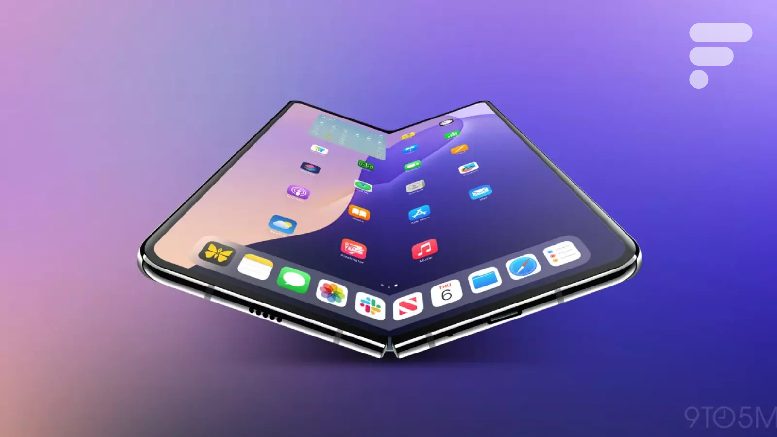 Concept d'iPhone Fold déplié, montrant son écran large et l'absence de pliure.
