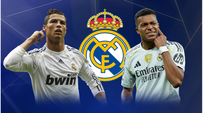 Kylian Mbappé celebrating a goal for Real Madrid.