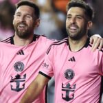 Lionel Messi #10 of Inter Miami celebrates with Jordi Alba #18.