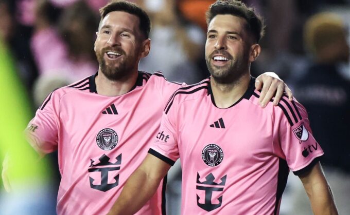 Lionel Messi #10 of Inter Miami celebrates with Jordi Alba #18.
