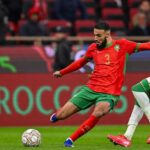 Noussair Mazraoui in action for Morocco.