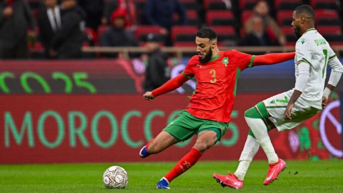 Noussair Mazraoui in action for Morocco.