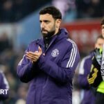 Manchester United players in action at Villa Park.