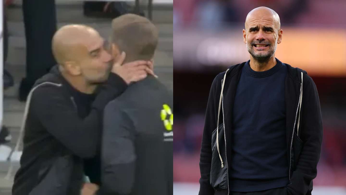 Pep Guardiola smiling with fourth official Craig Pawson.
