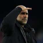 L'entraîneur Pep Guardiola en conférence de presse.