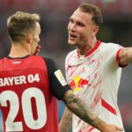 RB Leipzig players in action against Bayer Leverkusen