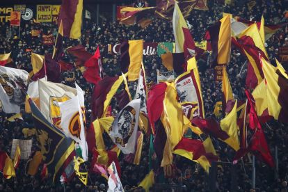 Roma fans displaying flags prior to the Serie A match against Napoli.