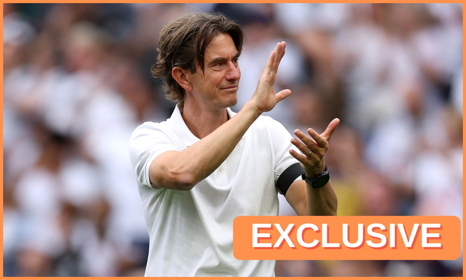 Tottenham Hotspur manager Thomas Frank reacts during a Premier League match. (Photo by Justin Setterfield/Getty Images)