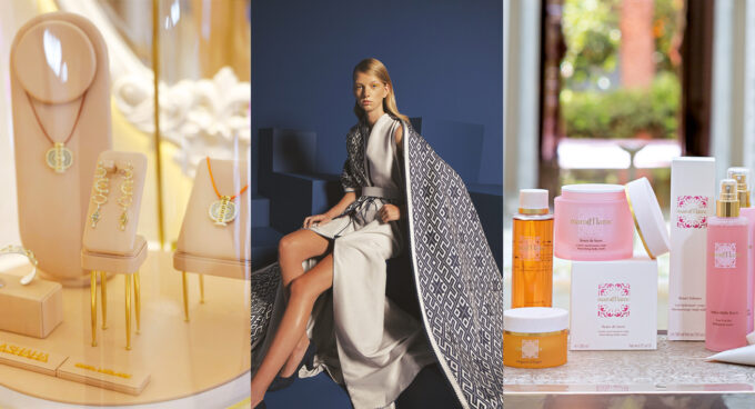 Créations de luxe marocaines exposées, symbolisant l'alliance de l'artisanat traditionnel et du design moderne.